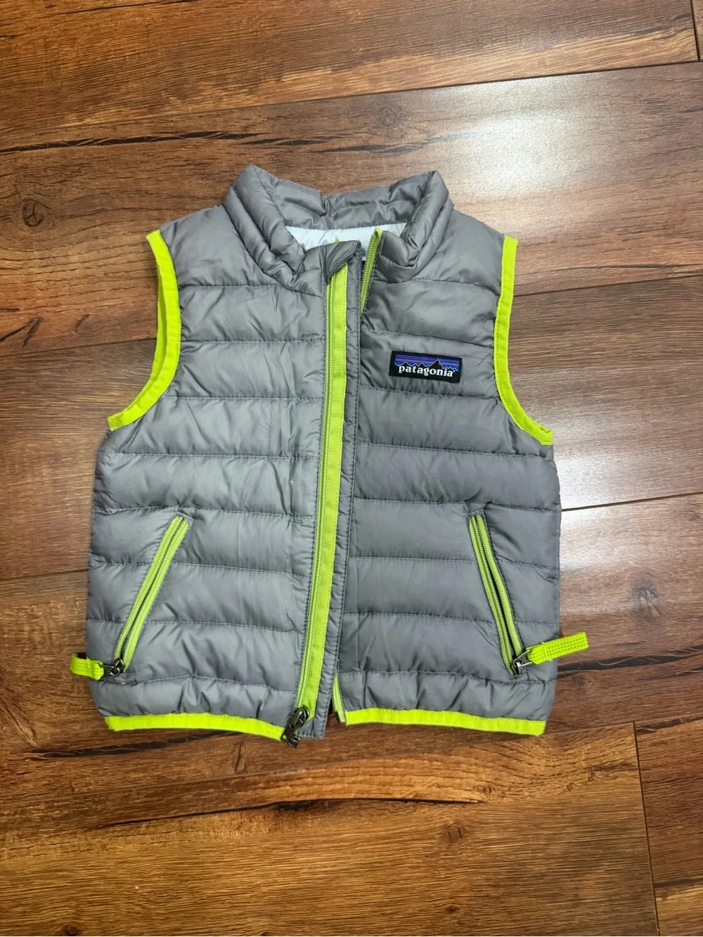 Patagonia Kids Gray Puffer Vest with Lime Trim 6 months
